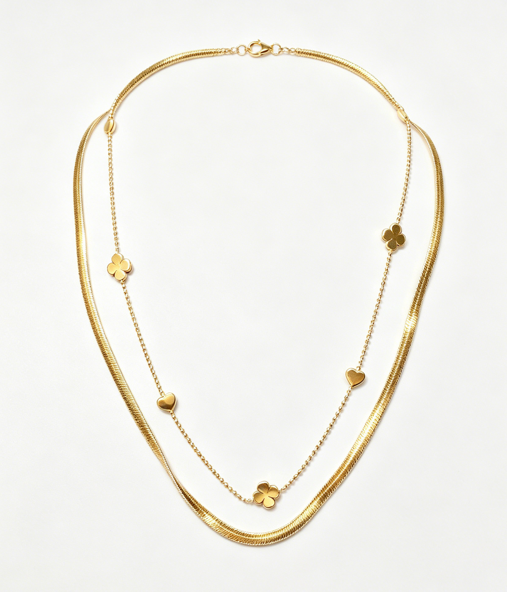 Gold Double Layer Four Leaf Clover & Heart Stacking Necklace, Anti Fade Stainless Steel Snake Chain Dainty Layering Necklaces for Ladies