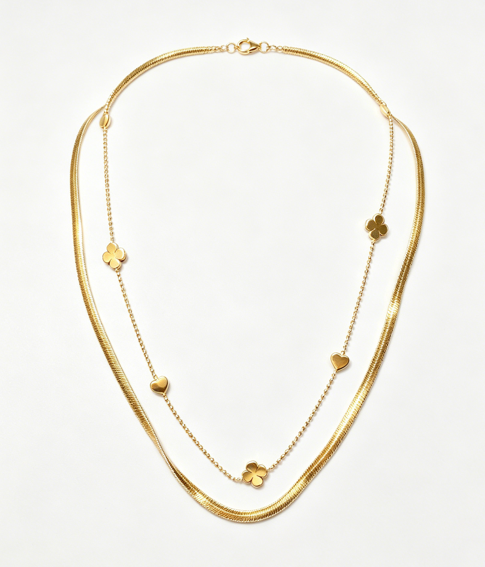 Gold Double Layer Four Leaf Clover & Heart Stacking Necklace, Anti Fade Stainless Steel Snake Chain Dainty Layering Necklaces for Ladies