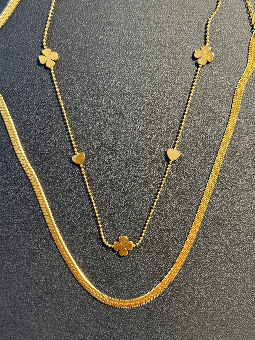 Gold Double Layer Four Leaf Clover & Heart Stacking Necklace, Anti Fade Stainless Steel Snake Chain Dainty Layering Necklaces for Ladies