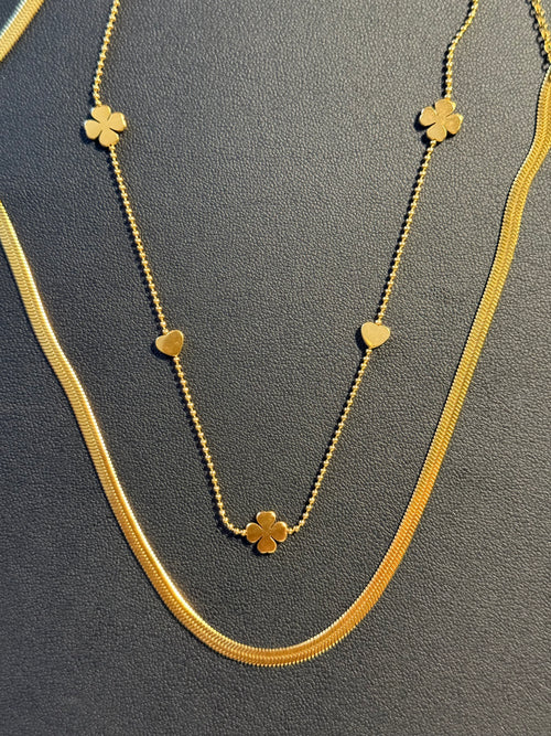 Gold Double Layer Four Leaf Clover & Heart Stacking Necklace, Anti Fade Stainless Steel Snake Chain Dainty Layering Necklaces for Ladies
