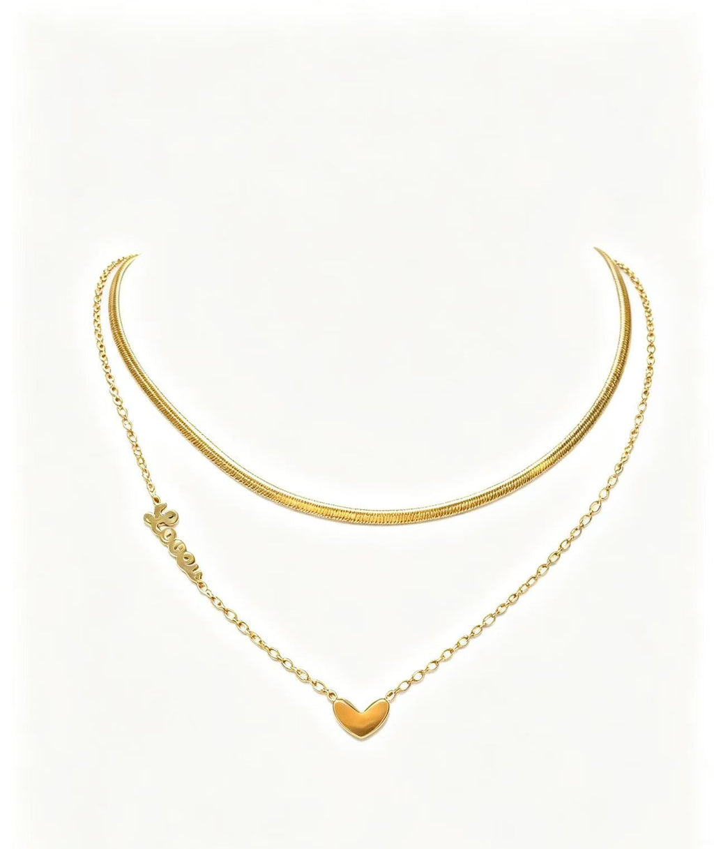 Double Layer Gold Snake Chain Necklace, Stainless Steel Stackable Layering Necklace With Cursive Love Letter & Tiny Heart Pendant Waterproof Anti Tarnish Dainty Jewelry Gift For Women