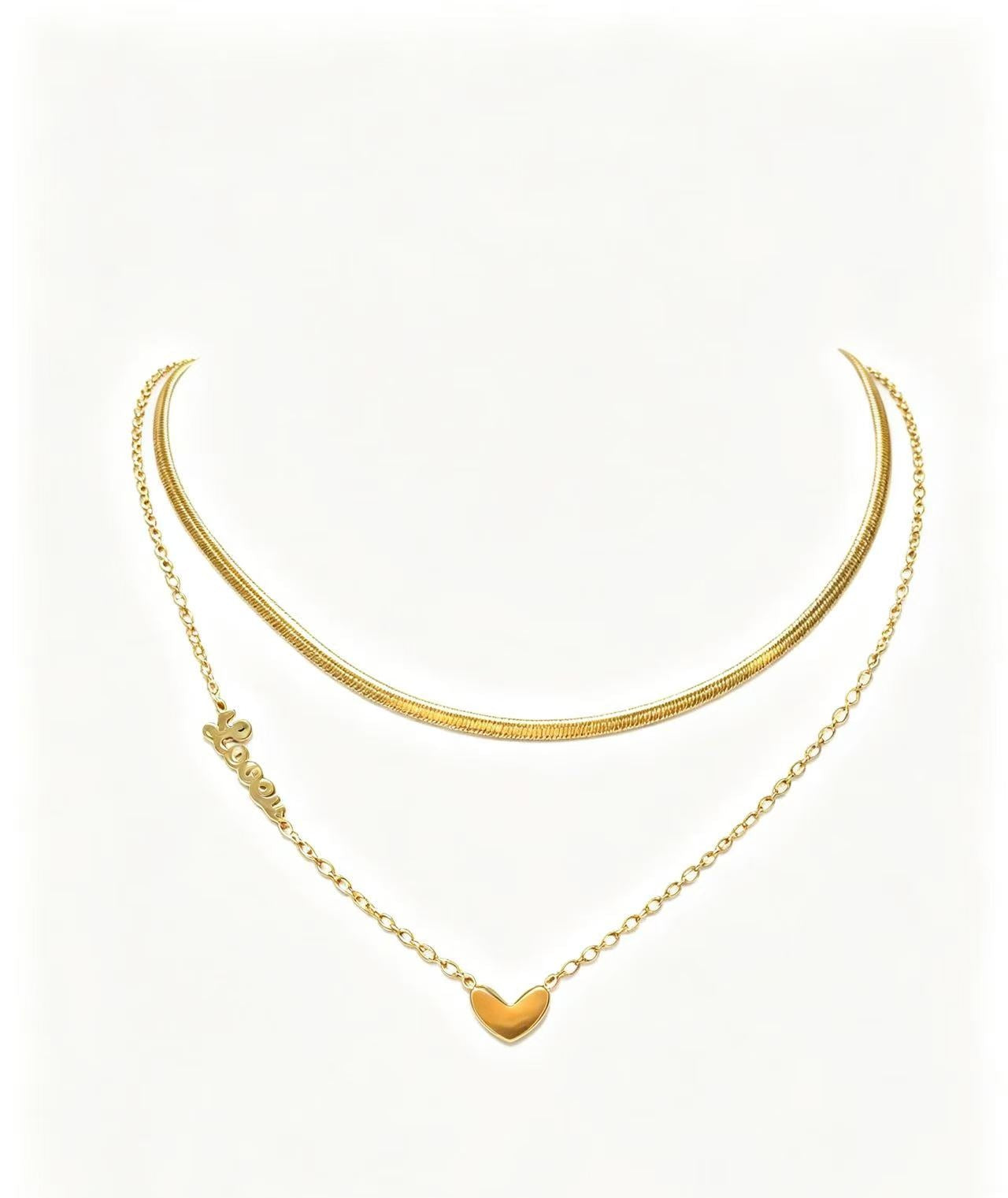 Double Layer Gold Snake Chain Necklace, Stainless Steel Stackable Layering Necklace With Cursive Love Letter & Tiny Heart Pendant Waterproof Anti Tarnish Dainty Jewelry Gift For Women