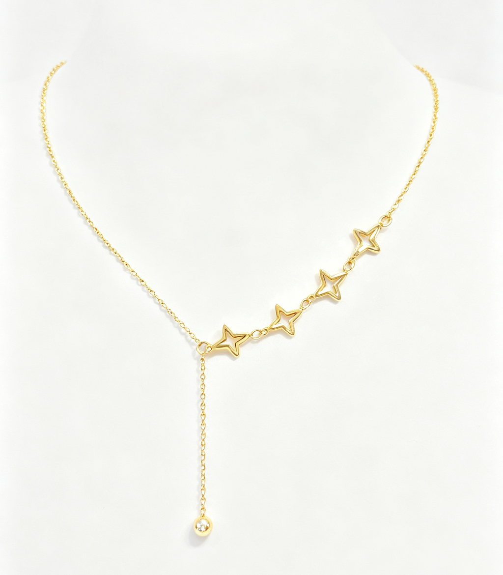 Gold Hollow Star Y Drop Necklace, Waterproof Non Tarnish 316L Stainless Steel Lariat Star Pendant Necklace Dainty Adjustable Bead Chain Jewelry Gift for Women